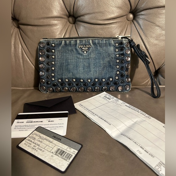 💥SOLD💥 PRADA Denim Borchie Wristlet Pouch Bag Authentic with COA cards receipt - Picture 14 of 17